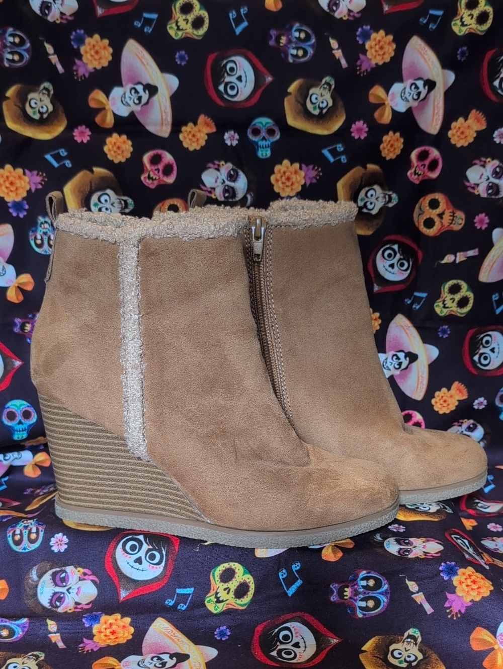 Wonderly Tan Suede Wedge Ankle Boots with Shearling Trim